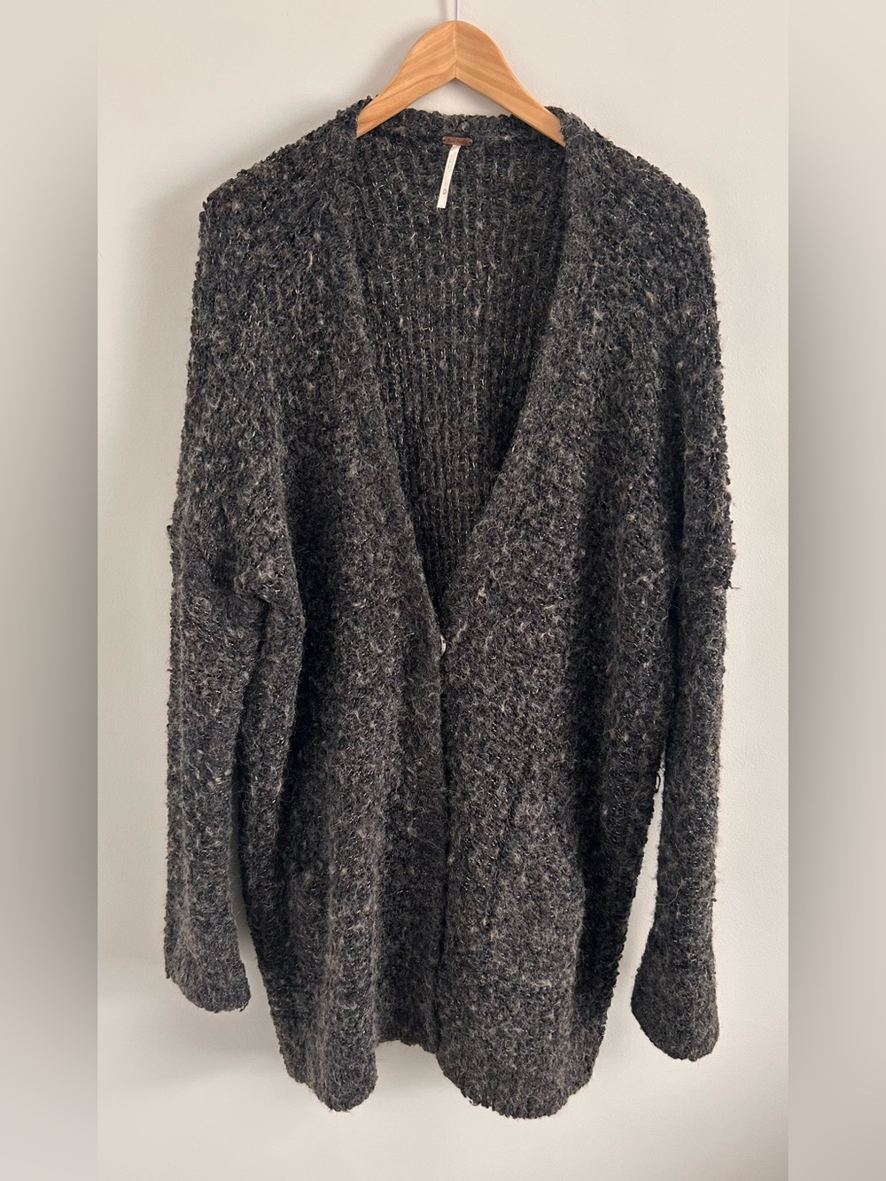 Free People Bouclé Snap Button Cardigan Sweater, Charcoal Gray Oversized, Size M